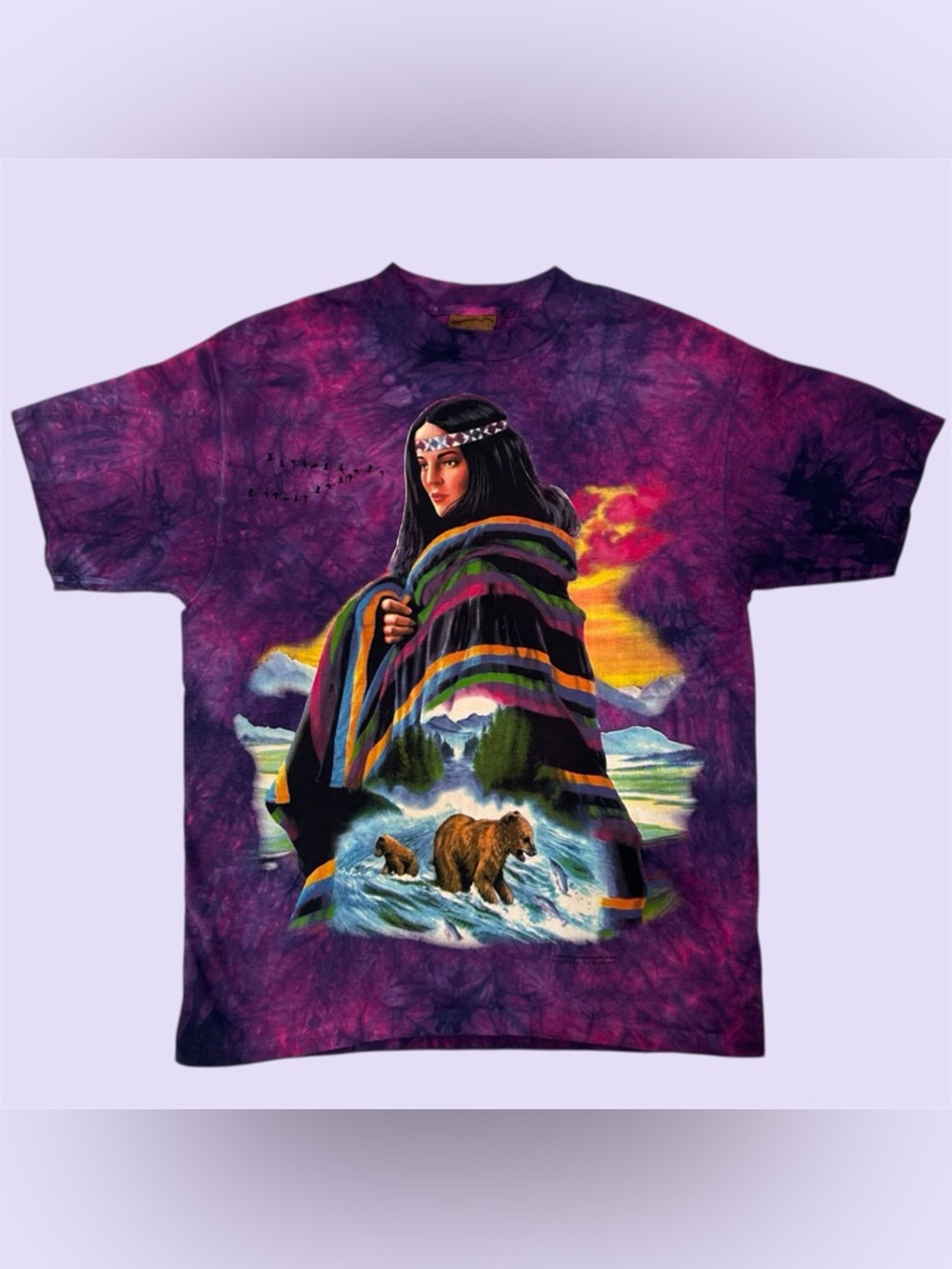Vintage 90s The Mountain Leather Tag  Native Tee Meiklejohn Purple Tie Dye Large